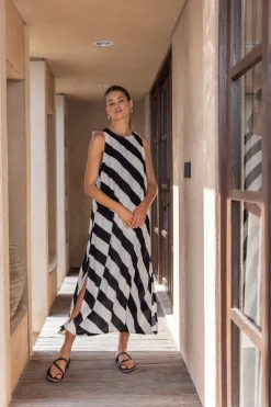 Finally Here Dress - Black/White Diagonal Stripe