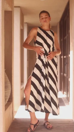 Finally Here Dress - Black/White Diagonal Stripe
