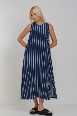 Finally Here Dress - Navy with White Pinstripe