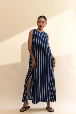 Finally Here Dress - Navy with White Pinstripe