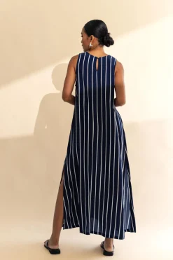 Finally Here Dress - Navy with White Pinstripe