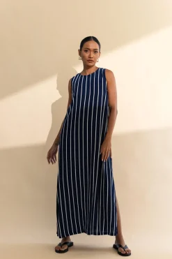 Finally Here Dress - Navy with White Pinstripe