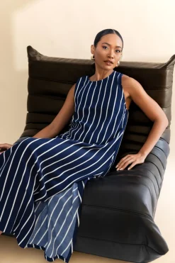 Finally Here Dress - Navy with White Pinstripe