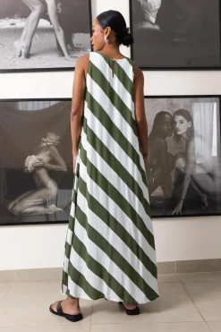 H25/50663 Finally Here Dress - Dried Mint/Ivory Diagonal Stripe