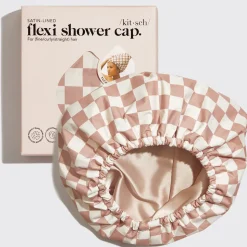 Kitsch Satin Lined Flexi Shower Cap - Terracotta Checker