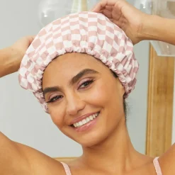 Kitsch Satin Lined Flexi Shower Cap - Terracotta Checker